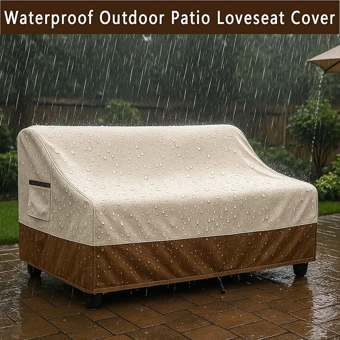 Waterproof Patio Loveseat Cover, 76W x 32.7D x 33H inches Heavy Duty 600D Weather-Resistant Outdoor Furniture Protector Beige and Brown - Image 3