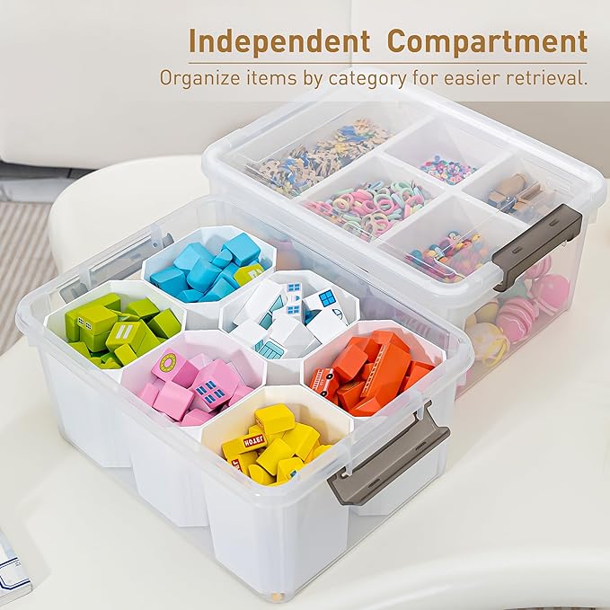 Citylife 17 QT Plastic Storage Box with Removable Tray and 6 Detachable Tall Inserts Craft Organizers and Storage Clear Storage Container for Organizing Crayon, Craft, Sewing, Playdoh, 2 Packs - Image 3