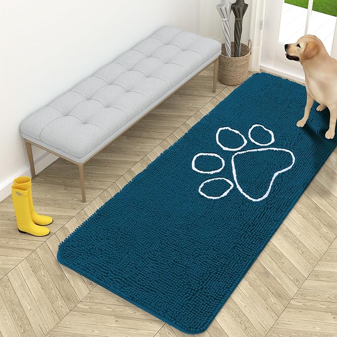 OLANLY Dog Door Mat for Muddy Paws 59x24, Paw Print Design, Absorbs Moisture and Dirt, Absorbent Non-Slip Washable Doormat, Quick Dry Chenille Mud Mat, Entry Indoor Entryway Carpet, Atlantic Blue by OLANLY