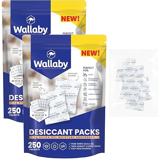 Wallaby 2 gram (500 Packets) Food Safe Pure White Silica Gel Desiccant Dehumidifier Packs - Rechargeable & Coated Moisture Absorbers - Protects Against Moisture Damage - (Packed in 100x Sets of 5) by WallabyGoods