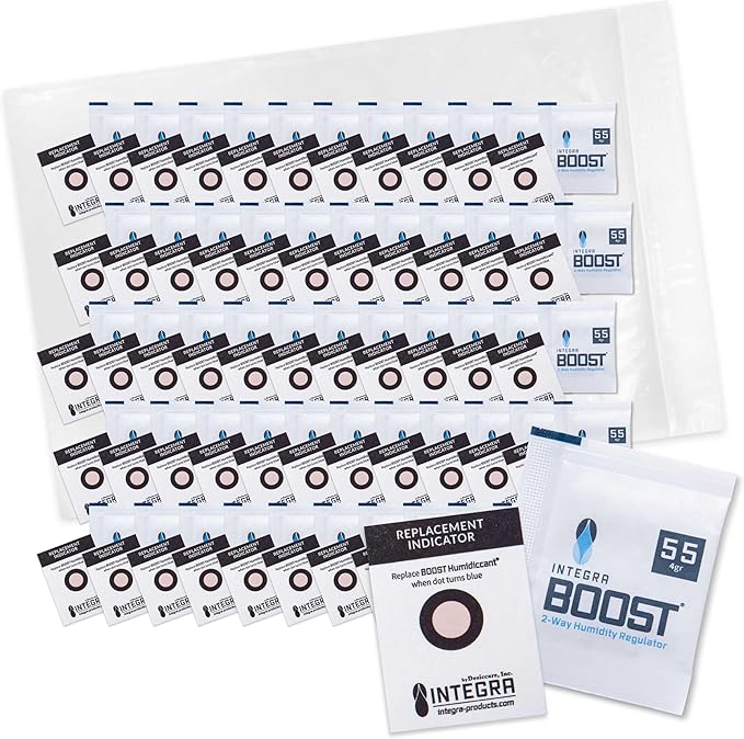Integra Boost 55% RH Level - 4 Gram Size - Two-Way Humidity Control Pack - Incl. Replacement Indicator Cards - Food Storage & Herbs Moisture Balancer for Up to 1/2 oz (Pack of 50) by IntegraSpecialtyProducts