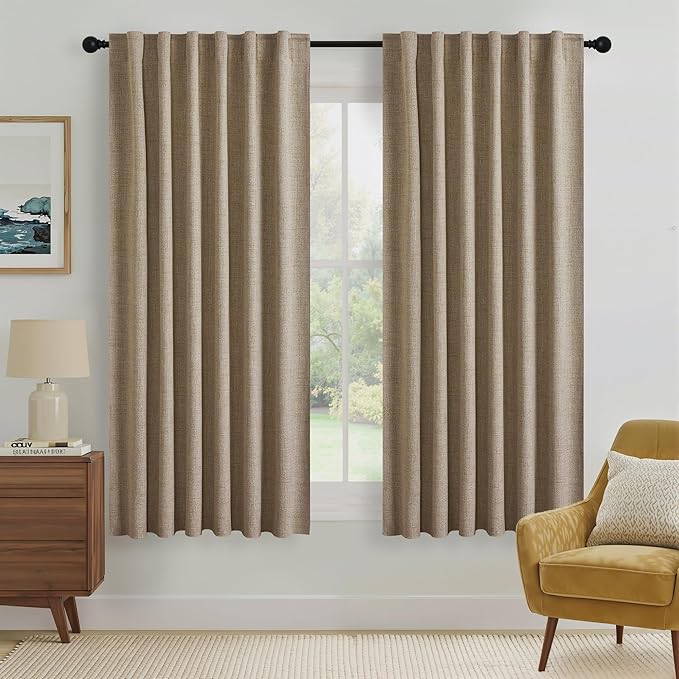 RYB HOME Burlap 100% Blackout Curtains 63 inch Long, Light Blacking & Thermal Insulated Curtains for Nursery/Bedroom/Boys'Room, Back Tab & Rod Pocket Window Treatment, W52 x L63, 2 Panels by RYBHOME
