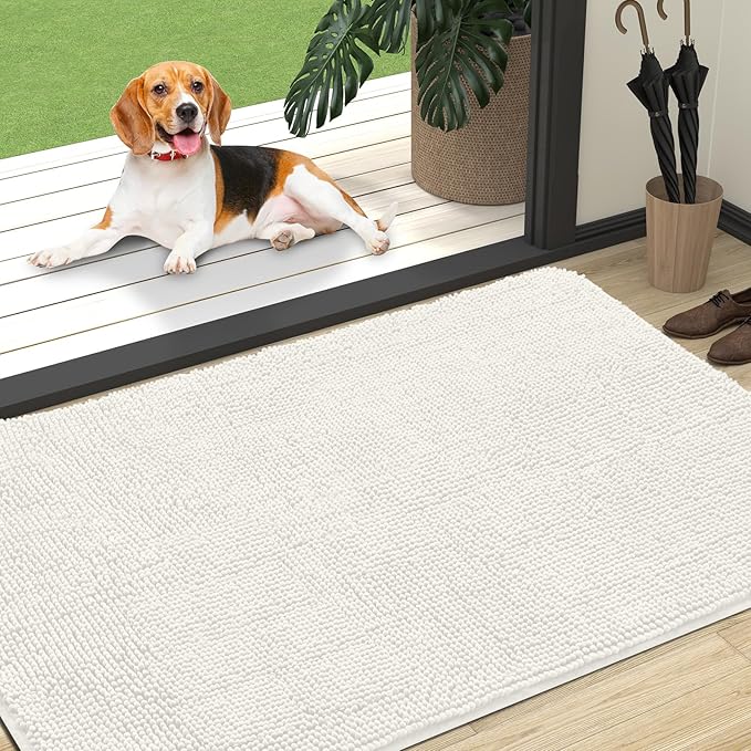 OLANLY Dog Door Mat for Muddy Paws 47x32, Absorbs Moisture and Dirt, Absorbent Non-Slip Washable Doormat, Quick Dry Chenille Mud Mat for Dogs, Entry Indoor Entryway Carpet for Inside Floor, Ivory by OLANLY