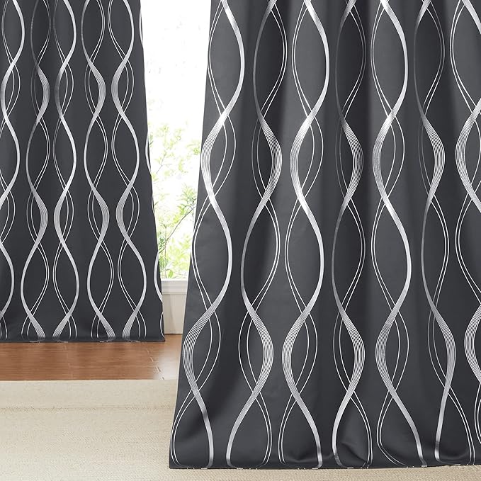 NICETOWN Extra Long Blackout Curtains for Large Window, Grey, 52" x 102", 2 Panels, Foil Printed Wave Lines Energy Saving Thermal Insulated Blackout Draperies for Kids Nursery Boys Bedroom by NICETOWN