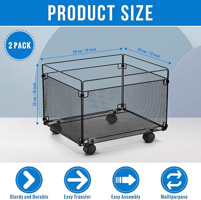 Harloon 2 Pack Mesh Rolling File Carts with Wheels Hanging Files Metal File Crate Organizer Black Rolling Organizer Foldable Storage Cart Box for Folders Office Supplies, Black, 15" x 13" x 10" - Image 3