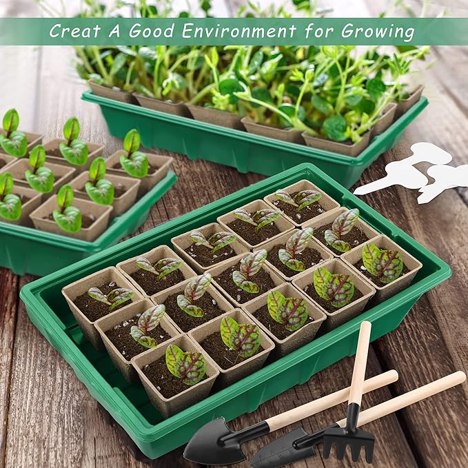 4 Pack Seed Starter Tray Kit, 120 Square Seed Peat Pots for Seedlings with Plants Labels, Planting Tools, Plastic Growing Germination Trays with Lids for Indoor Outdoor Gardening, Green - Image 6