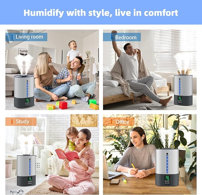 6L Humidifiers for Bedroom Large Room Home, Cool and Warm Humidifiers for Baby and Plants Mist Top Fill Desk Humidifiers Essential Oil Diffuser, Quiet with Adjustable Mist,360°Nozzle-Grey - Image 7