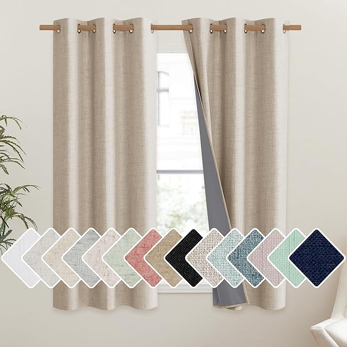 NICETOWN Cream Thick Linen Blend 100% Blackout Curtains 63" Long 2 Panels Set for Bedroom, 42" Wide, Rustic Grommet Thermal Insulated Flax Textured Full Blackout Window Draperies with Grey Liners by NICETOWN