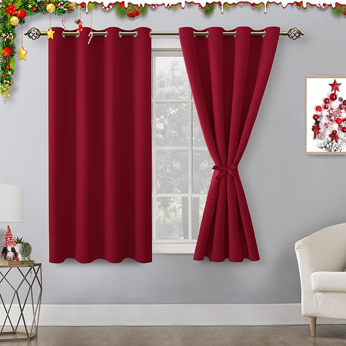 Hiasan Blackout Curtains for Bedroom, 52 x 54 Inches Long - Thermal Insulated & Light Blocking Window Curtains for Living Room, 2 Drape Panels Sewn with Tiebacks, Christmas Red by Hiasan