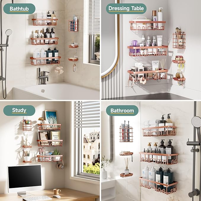 Veken Shower Caddy 6-Pack, No Drilling & Rustproof, Waterproof Adhesive Shelves Rack with Soap Holder, Large Capacity Bathroom Organizers and Storage, Wall-Mounted Kitchen & Home Decor, Rose Gold - Image 8