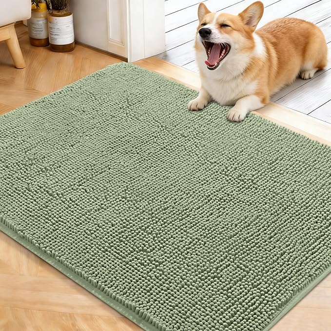 OLANLY Dog Door Mat for Muddy Paws 40x32, Absorbs Moisture and Dirt, Absorbent Non-Slip Washable Doormat, Quick Dry Chenille Mud Mat for Dogs, Entry Indoor Entryway Carpet for Inside Floor, Sage Green by OLANLY