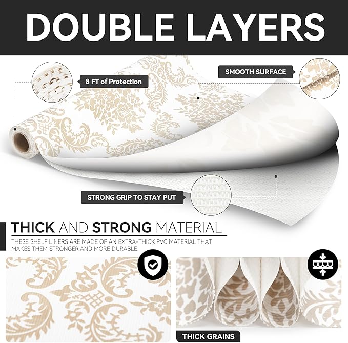 RAY STAR Shelf Liner, Non Adhesive Golden Damask Floral Cabinet Liner for Pantry Drawer, Strong Grip Non Slip Waterproof, Shelf Liners for Kitchen Cabinets Organization 18 Inch x 8 FT (5 Rolls) - Image 7