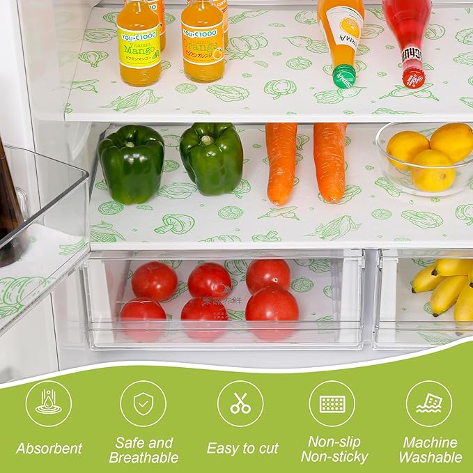 Cooyes Refrigerator Liners 17.7" x 24", 12 Pack, Absorbent Non-Slip Washable Fridge Mats, Shelf Liner for Kitchen Cabinets Non-Adhesive, Green Veggie - Image 2