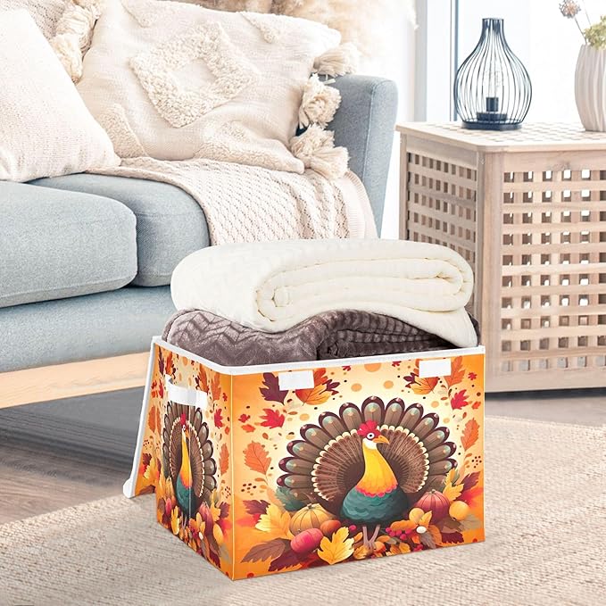 xigua Thanksgiving Turkey Storage Bins with Lids and Carrying Handle,Foldable Storage Boxes Organizer Containers Baskets Cube with Cover for Home Bedroom Closet Office - Image 5