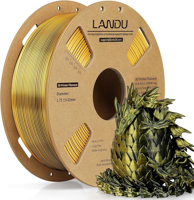 LANDU Silk Dual Color PLA Filament 1.75mm 1KG, 3D Printer Filament Dimensional Accuracy +/- 0.02mm, Coextrusion Filament PLA Shiny Filament Fits for Most FFF 3D Printers,1KG Spool (2.2lbs) Black Gold by LANDU