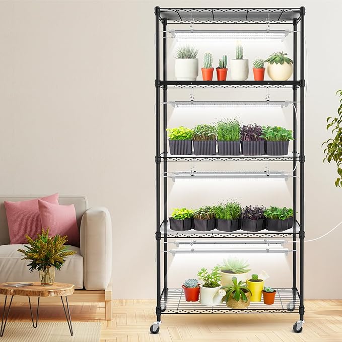 SOLIGT Plant Shelf with Grow Lights, 5 Tier Grow Light Stand Rack with 8 Pack 2FT 6000K T8 Full Spectrum Led Grow Lights for Indoor Plants, Seed Starting, Seedling Growing, Timer Included - Image 2