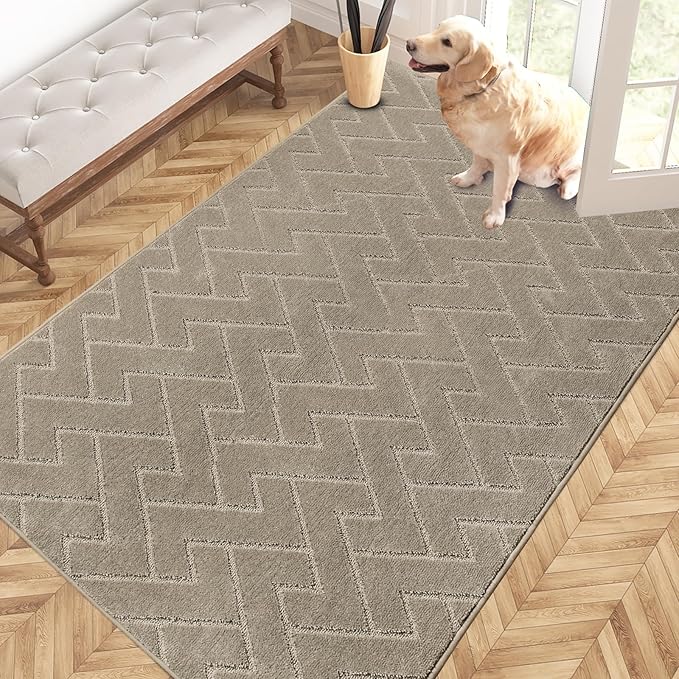 PURRUGS Easy Care Area Rug 4ft x 6ft, Non-Slip Machine Washable Entry Rug, Dog Door Mat, Stain Resistant Accent Rug for Hallway, Bedroom, Living Room and Mudroom, Taupe by PURRUGS