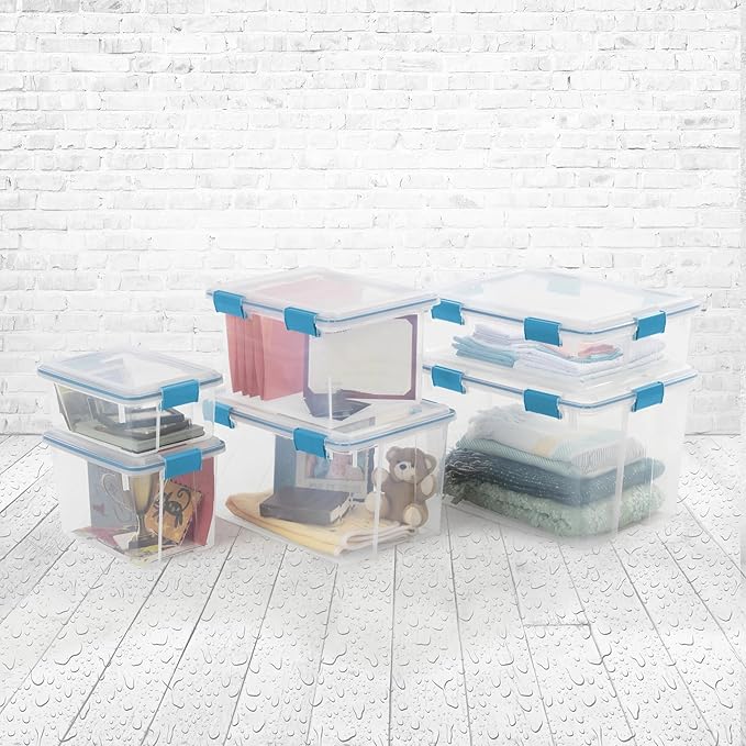 32 Quart Gasket Box, Weather-Resistant Clear File Storage Bin with Latch Lid, Blue - Image 5