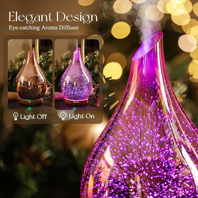 Porseme 280ml Essential Oil Diffuser, 3D Glass Aromatherapy Diffusor, Ultrasonic Cool Mist BPA Free Aroma Humidifier with Timer and Color Changing Function, Waterless Shut-Off for Home Office Room - Image 7