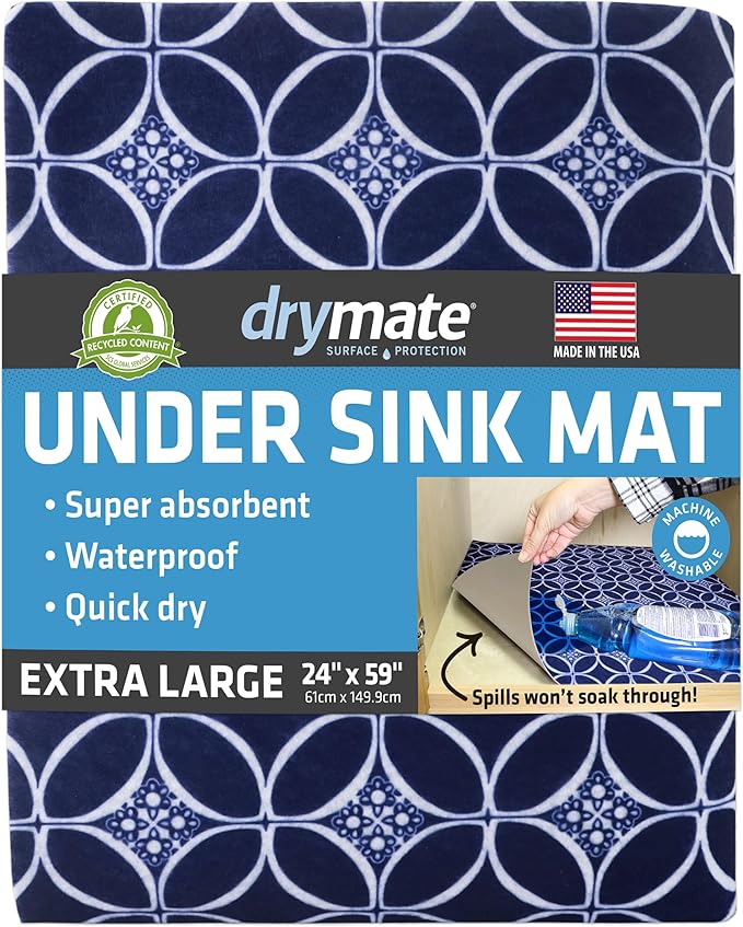 Drymate Premium XL Under Sink Mat, Waterproof Cabinet Protection Mats for Kitchen & Bathroom, Absorbent Shelf Liners, Slip-Resistant, Non-Adhesive, Machine Washable (USA Made)(24”x59”)(Indigo) by Drymate