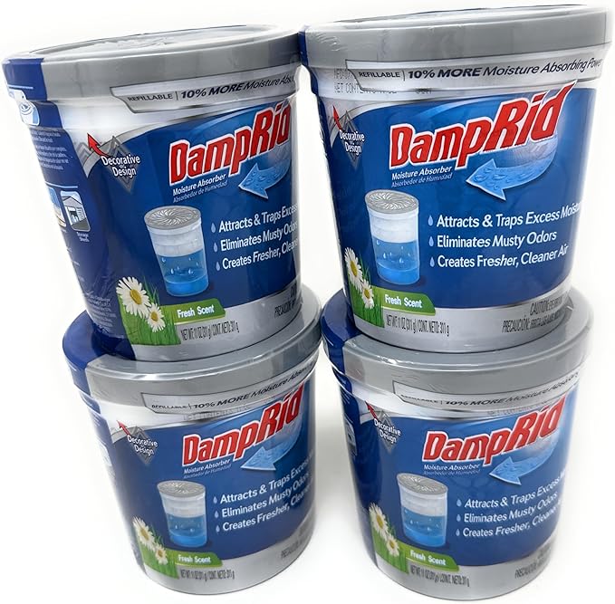 DampRid Refillable Moisture Absorber, 10.5 oz. Cups, 4 Pack, Fresh Scent, Traps Moisture for Fresher, Cleaner Air, No Electricity Required, Lasts Up To 60 Days by DampRid