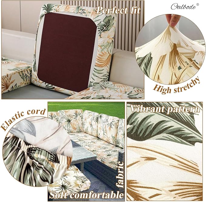 8Pcs Stretch Patio Cushion Cover, Tropical Floral and Leaf Pattern Sofa Covers for Patio Furniture Cushions Washable Reusable Couch Covers Replacement for All Season(Cover Only) - Image 3