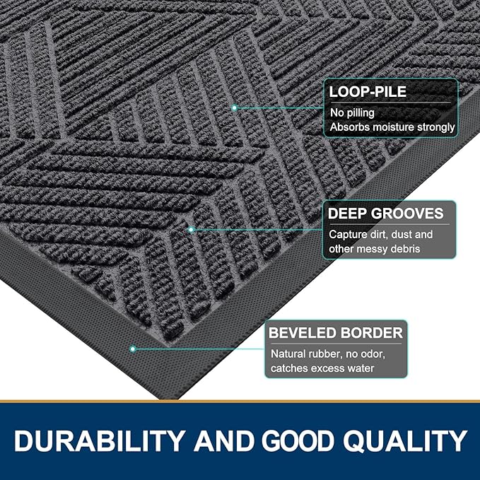 Smiry Front Door Mat Outside Entrance, Heavy Duty Sturdy Natural Rubber Doormat, Trap Dirt and Moisture, Easy Clean Low Profile Mats for Indoor Outdoor Entry, Irregular Triangle (47x32, Light Grey) - Image 4