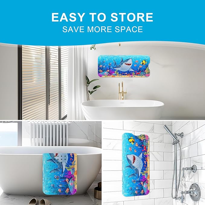 XIYUNTE Baby Bath Mat for Tub Non Slip Kids Bath Mat - 40''x16'' Extra Long Cartoon Shark Baby Bath Tub Mat Eco-Friendly Toddler Bath Mats with Suction Cups & Drain Holes, Easy to Clean & Easy Drying - Image 5