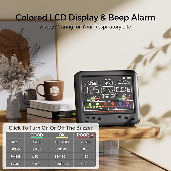 16-in-1 Air Quality Monitor Indoor with 7AQI Beep Alarm, CO2 Monitor, Air Quality Detector with PM1.0 | PM2.5 | PM10 | Temp | HUM | Formaldehyde | VOC Tester for Home Office Plant (Soft Black) - Image 3