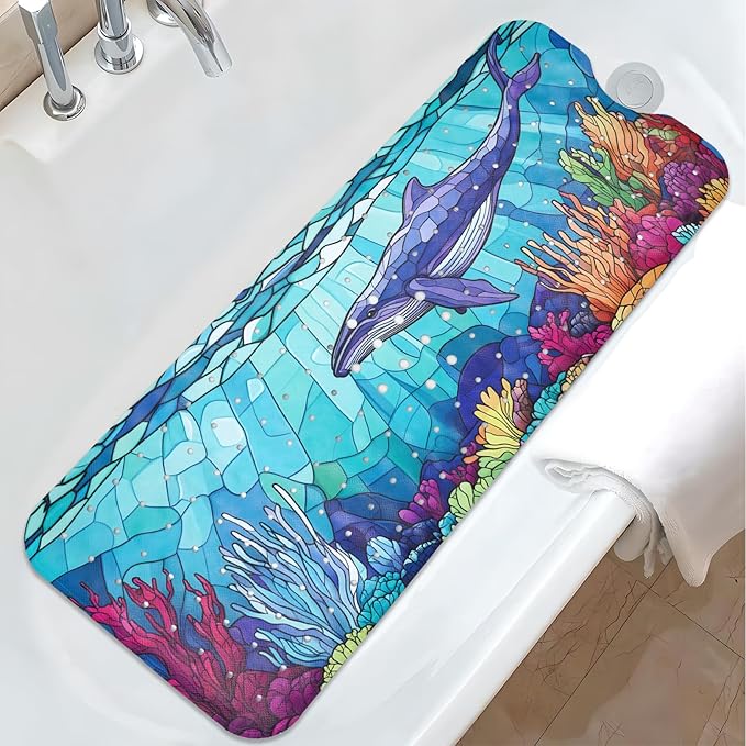 EAN Animals Bathtub Mat Non Slip, Sea Baby Bath Mat for Tub Rubber Tub Mat, Cute Toddler Kids Bath Mats for Bathroom Whale Anti Slip Shower Mat with Suction and Drain Holes Machine Washable, 40″x16″ by Unknown