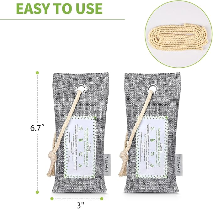 CLEVAST 6 Pack Charcoal Air Purifying Bags(6x60g), Activated Bamboo Natural Fresh Odor Absorber, Deodorizer and Moisture Eliminator, Air Purifier Bags for Home, Closet, Shoes, Car Air freshener - Image 9