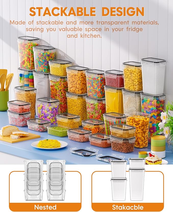 30 PCS Airtight Food Storage Containers with Lids, Kitchen Pantry Organization and Storage, BPA-Free Plastic Scale Food Canisters for Cereal, Flour, Sugar, Dry Food, Include Labels & Marker - Image 6