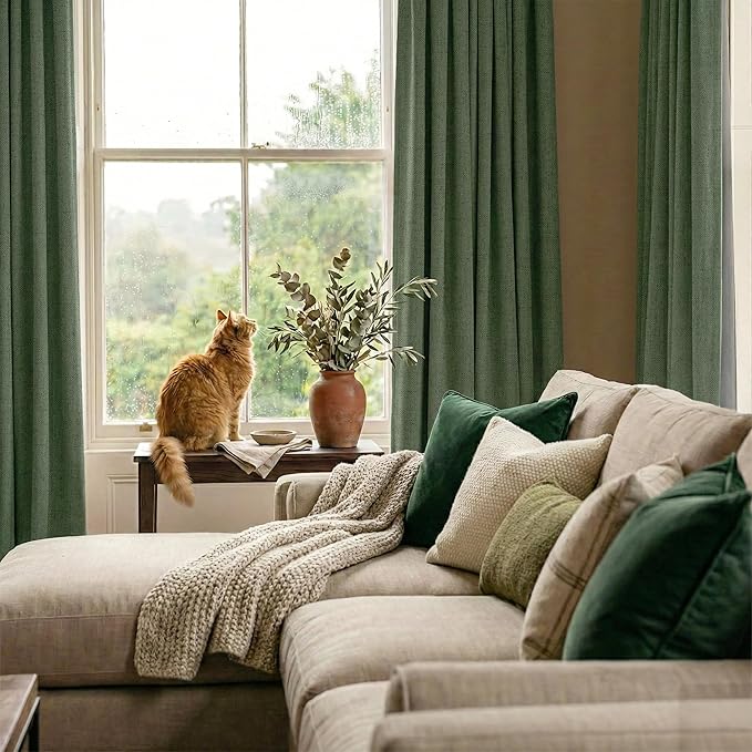RYB HOME Olive Green 100% Blackout Linen Curtains 108 inches Long, Luxury Thermal Insulated Room Darkening Drapes for Living Room/Bedroom/Sliding Doors, Back Tab&Rod Pocket, W52xL108, 2 Panels - Image 6