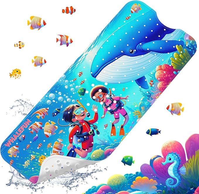 XIYUNTE Baby Bath Mat for Tub Non Slip Kids Bath Mat - 40''x16'' Extra Long Cartoon Whale Baby Bath Tub Mat Eco-Friendly Toddler Bath Mats with Suction Cups & Drain Holes Easy to Clean & Easy Drying by XIYUNTE