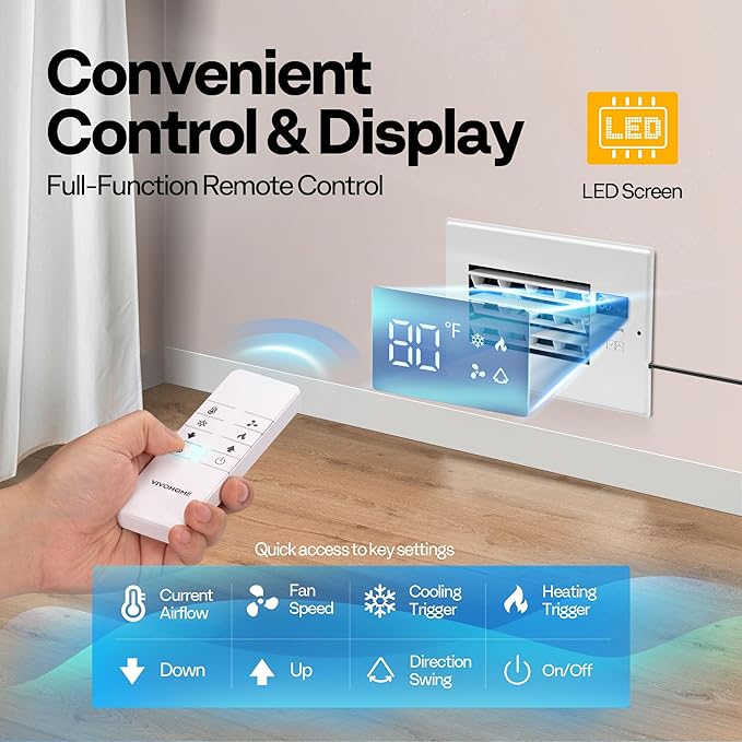 VIVOHOME 6'' x 10'' Opening Register Booster Fan with Adjustable Wind Direction Louver, Smart Intelligent Thermostat & 10-Speed Remote Control - 11.6" x 7.5" Vent Cover for Room, Floor, Wall - White - Image 6