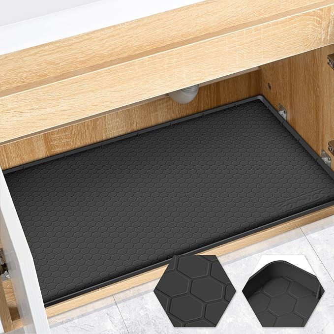 Waterproof Under Sink Mat 28" x 22", Silicone Cabinet Liner, Rubber Protector for Kitchen and Bathroom, Keeps Cabinets Clean, Dry, and Organized (Black) by FORWOS
