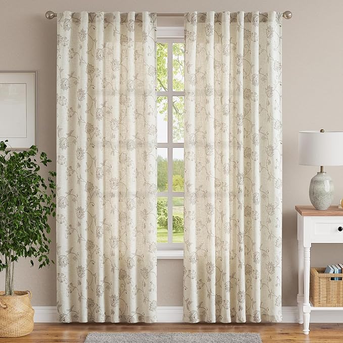 jinchan Linen Curtains Floral Curtain 84 Inch Length for Living Room Bedroom Light Filtering Rod Pocket Back Tab Jacobean Curtains Flax Linen Texture Window Drapes Set 2 Panels Taupe on Linen - Image 2