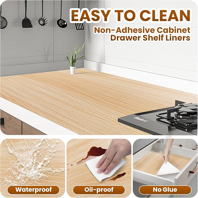 Drawer Shelf Liner for Kitchen Cabinets Non-Adhesive, Non Slip Shelf Paper Waterproof Thickened Cabinet Liners for Shelves, Strong Grip Mats for Cupboard, Dresser, Pantry, Beige, 12 in x 39.37 FT - Image 2