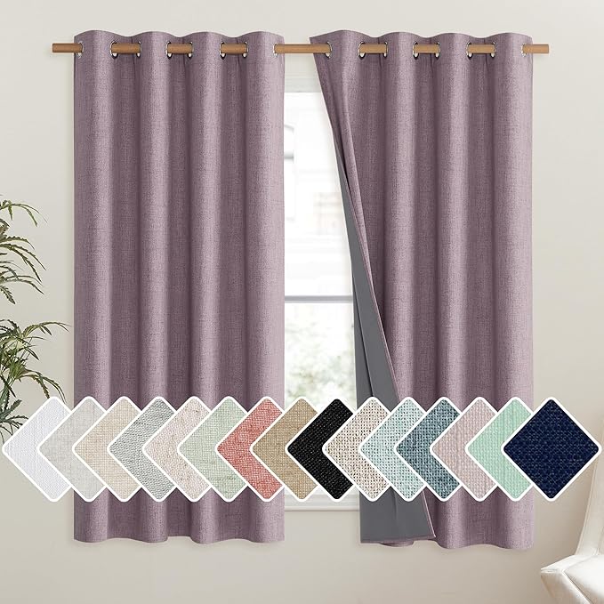 NICETOWN Chaise Mauve Vintage Linen 100% Blackout Curtains for Living Room, Thermal Insulated Curtains 48" Long, Noise Reducing Window Treatment Drapes for Hall Room, 52" Wide Per Panel, Set of 2 by NICETOWN