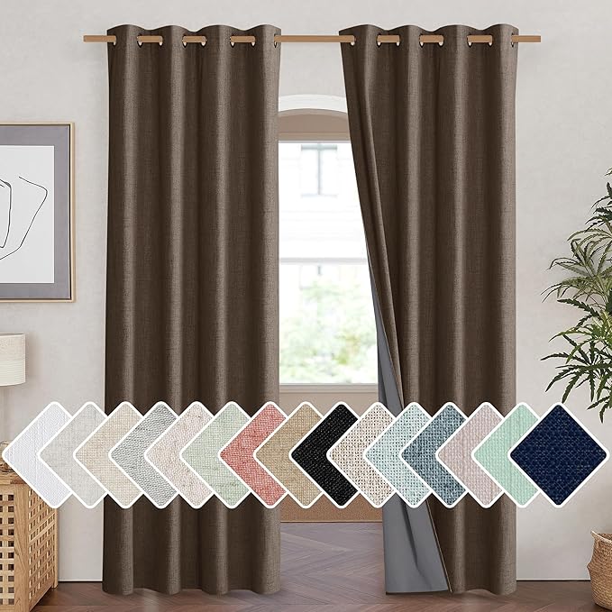 NICETOWN Coffee Vintage Linen 100% Blackout Curtains for Living Room, Thermal Insulated Curtains 84“ Long, Noise Reducing Window Treatment Drapes for Hall Room, 52" Wide Per Panel, Set of 2 by NICETOWN