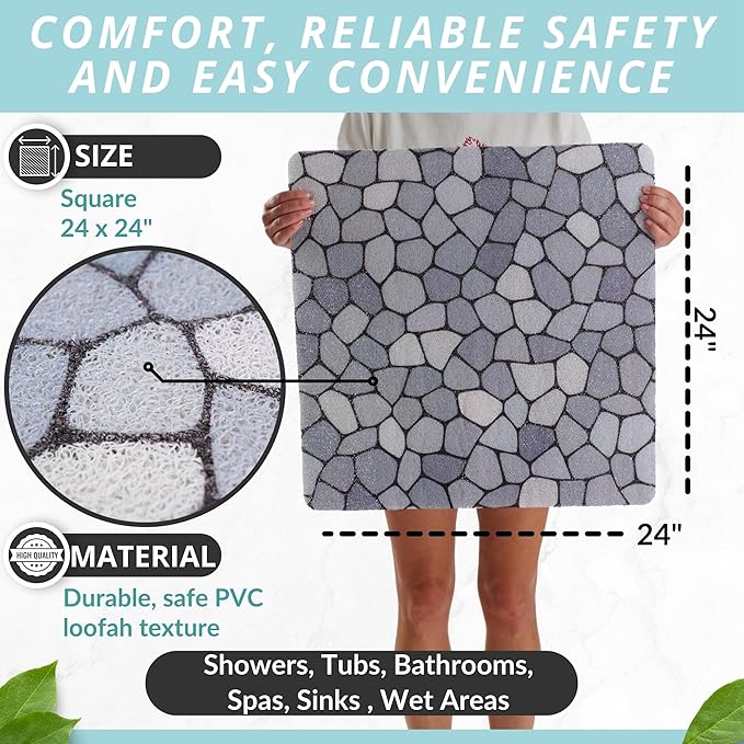 Enkosi Loofah Shower Mat Non Slip – Square Anti Slip Bath Mat for Inside Showers, Bathtub, Tub, Bathroom - Cushioned, Quick Dry PVC with Drain Holes - Secure Grip Safety Pad (Pebble Blue 24x24) - Image 3