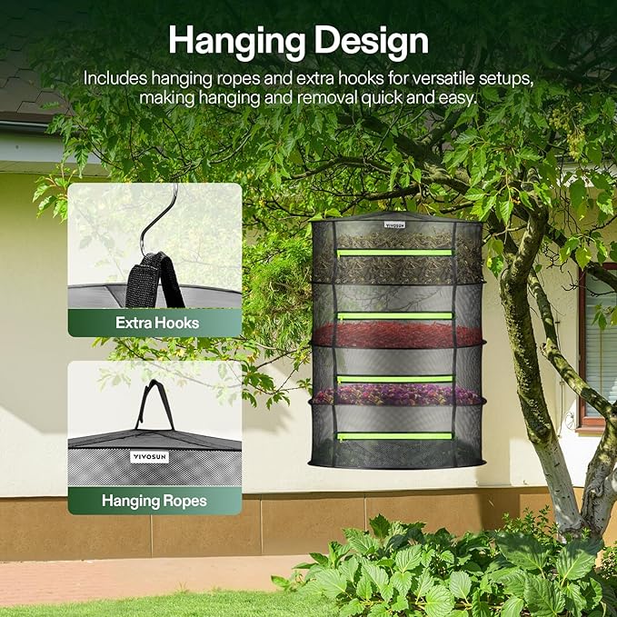 VIVOSUN 4-Pack 4-Layer Mesh Drying Rack Hanging Design with Green Zippers for Dehydrating, Indoor and Outdoor (Pruning Shears Included) - Image 3
