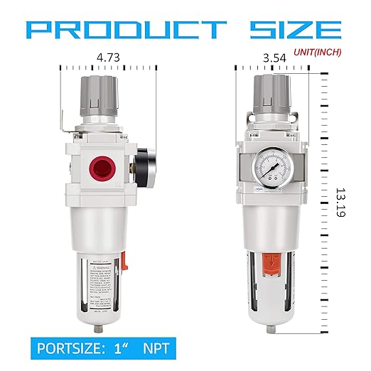 NANPU 1" NPT Compressed Air Filter Regulator Combo Piggyback, 5 Micron Brass Element, Poly Bowl, Semi-Auto Drain, Metal Bracket, 0-150 psi Gauge - Image 3
