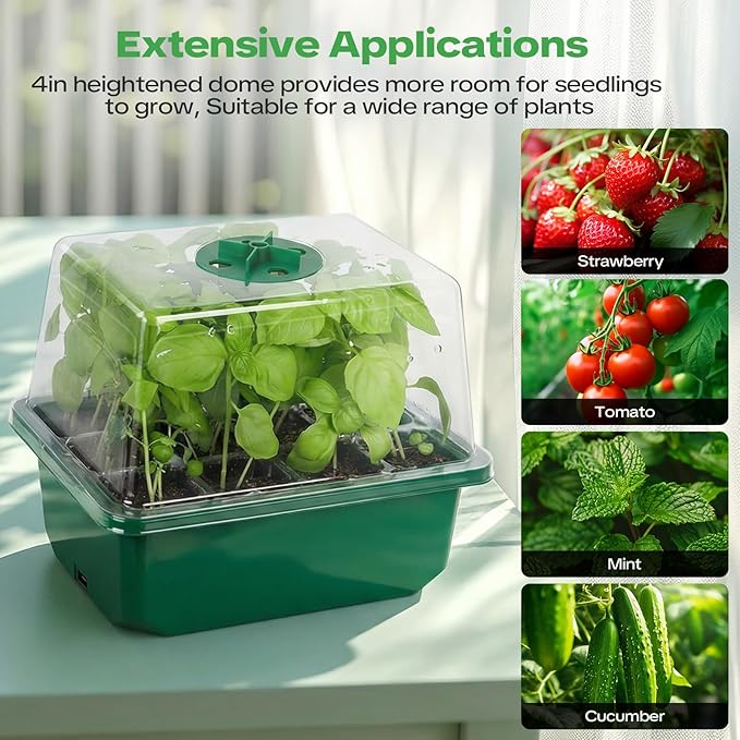 YAUNGEL 4 Pack Seed Starter Tray with Self-Heating, Seed Starter Kit with High Humidity Control Domes, Seedling Starter Trays for Indoor Gardening Plant, Green - Image 5