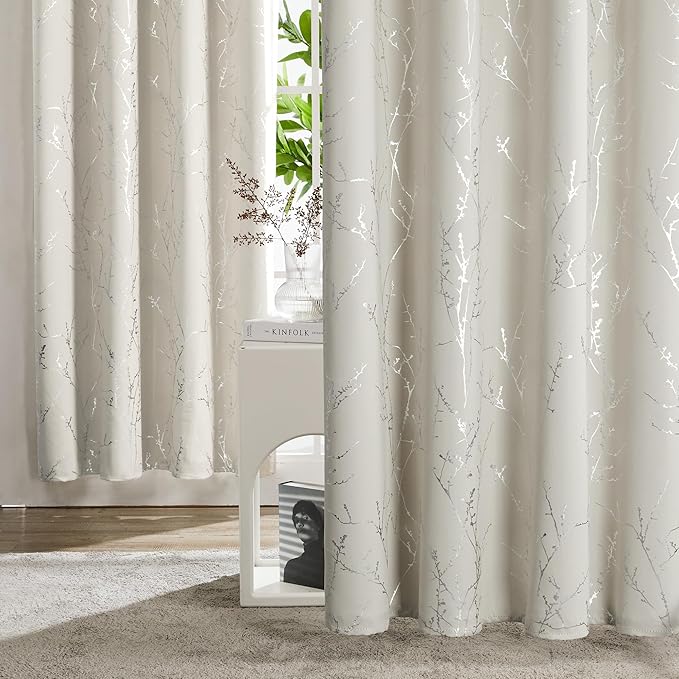 Deconovo Beige Bedroom Curtains, Room Darkening Curtain, Thermal Insulated Soundproof Drapes, Silver Branch Print, 42 x 72 Inch Long, Machine Washable Window Panels for Living Room Nursery, Set of 2 - Image 3