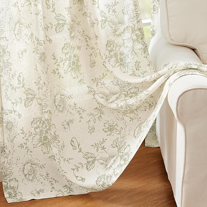jinchan Linen Blend Floral Curtains for Living Room 63 Inch Length Farmhouse Printed Curtain Rod Pocket Back Tab Sage Green Peony Flower Patterned Drapes Bedroom Curtains Set 2 Panels - Image 6