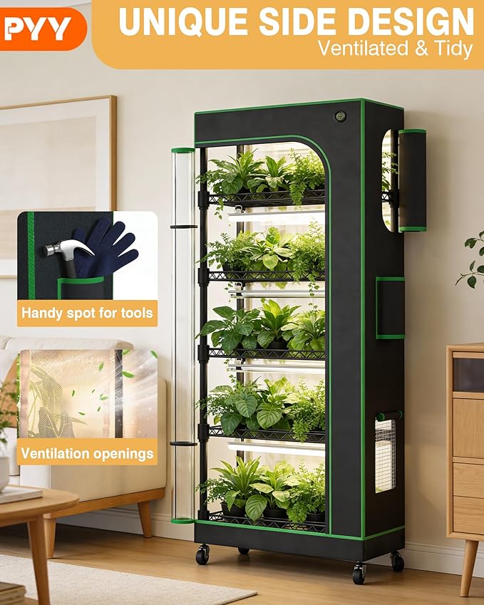 PYY Indoor Greenhouse with Grow Light - 6 Tier Heavy Duty T8 3000K Grow Lights, Curved Zip Door, Thermometer & Timer, Adjustable Shelves, 4 Caster Wheels for Home & Garden (27.6"x15.7"x70.9") - Image 2