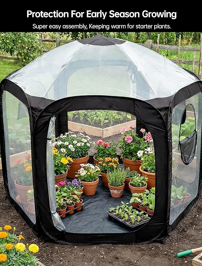 Porayhut Pop Up Greenhouse Tent,Portable Large Walk-in Plant House 10’X10’ ,Indoor Outdoor Gardening Plant Sunshine Room with PVC Mesh Cloth Cover for Protecting Plant from Cold Frost & Birds - Image 8