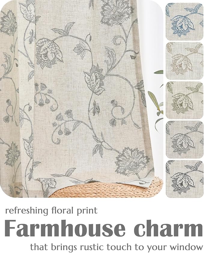 jinchan Linen Curtains Floral Curtains 63 Inch Length for Living Room Bedroom Light Filtering Rod Pocket Back Tab Jacobean Curtains Flax Linen Texture Window Drapes Set 2 Panels Dark Grey on Linen - Image 6