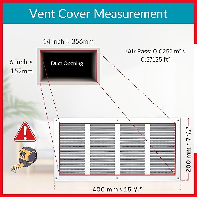14x6 Vent Cover (Duct Opening) - White HVAC Return Air Grille for Wall and Ceiling - Metal AC Vent Cover with Mesh - Rectangular Ventilation Register - External Dimensions: 15.75" W x 7.87" H - Image 6